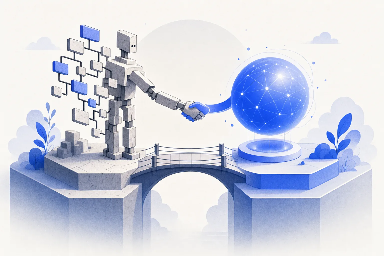 Ilustração editorial em tons de azul representando o artigo: Já uso chatbot: trocar ou integrar? O guia de migração sem trauma
