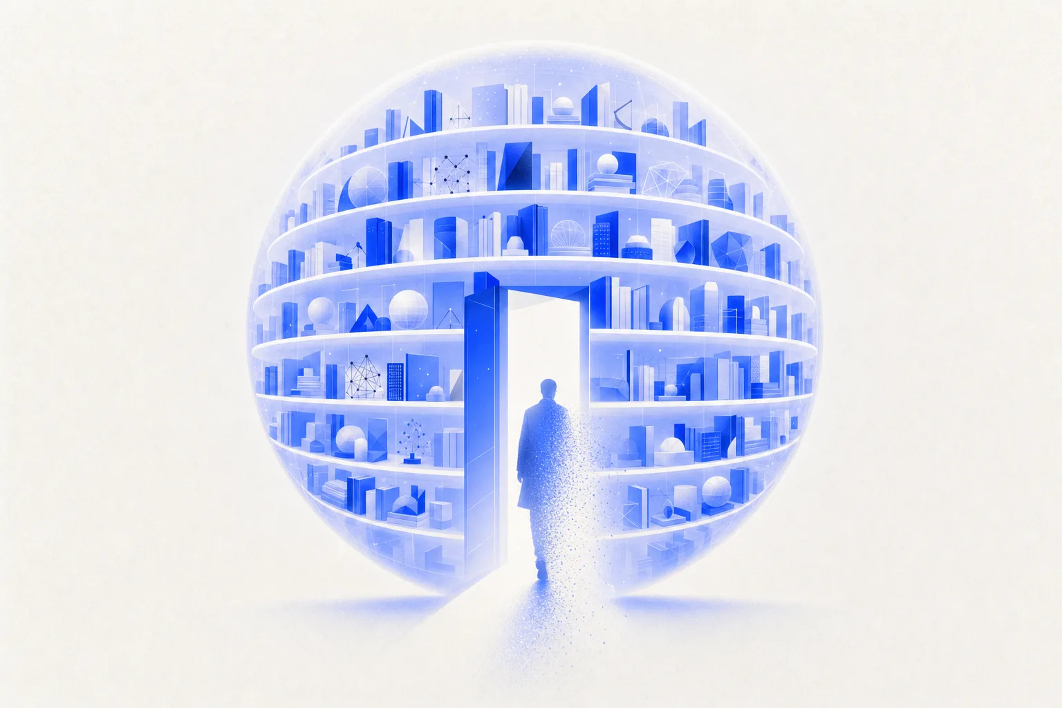 Ilustração editorial em tons de azul representando o artigo: A empresa que lembra: memória institucional com IA