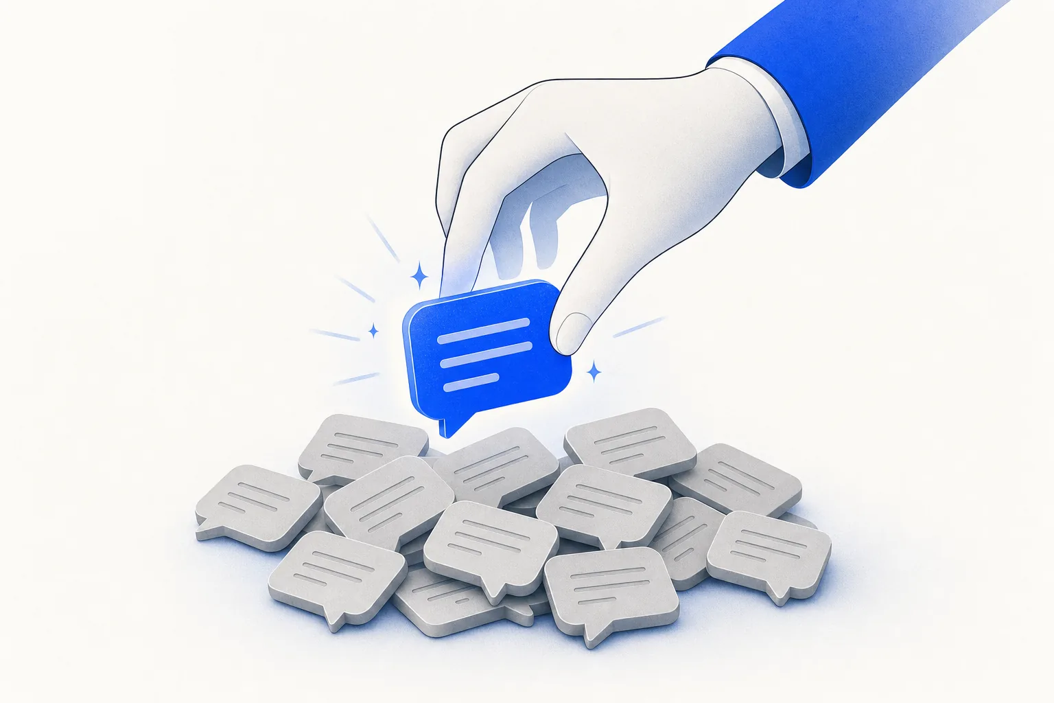 Ilustração editorial em tons de azul representando o artigo: "Oi, sumido": por que a mensagem de reaquecimento genérica tem 2% de resposta