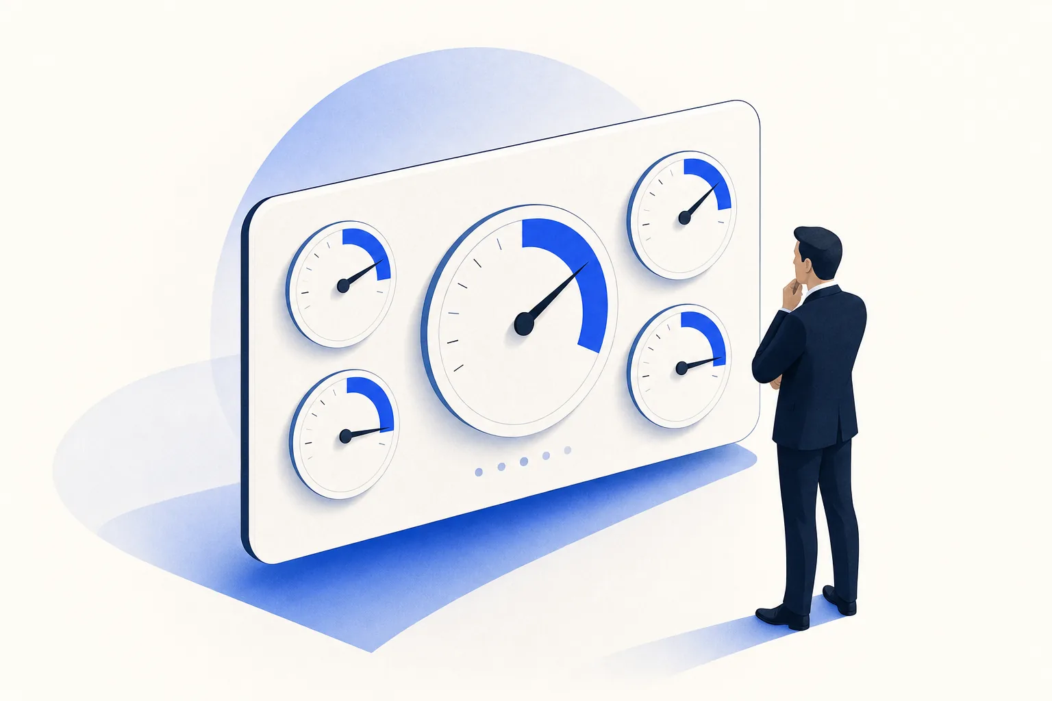 Ilustração editorial em tons de azul representando o artigo: Os 5 KPIs que todo CEO de PME deveria acompanhar todo dia (sem precisar de BI)