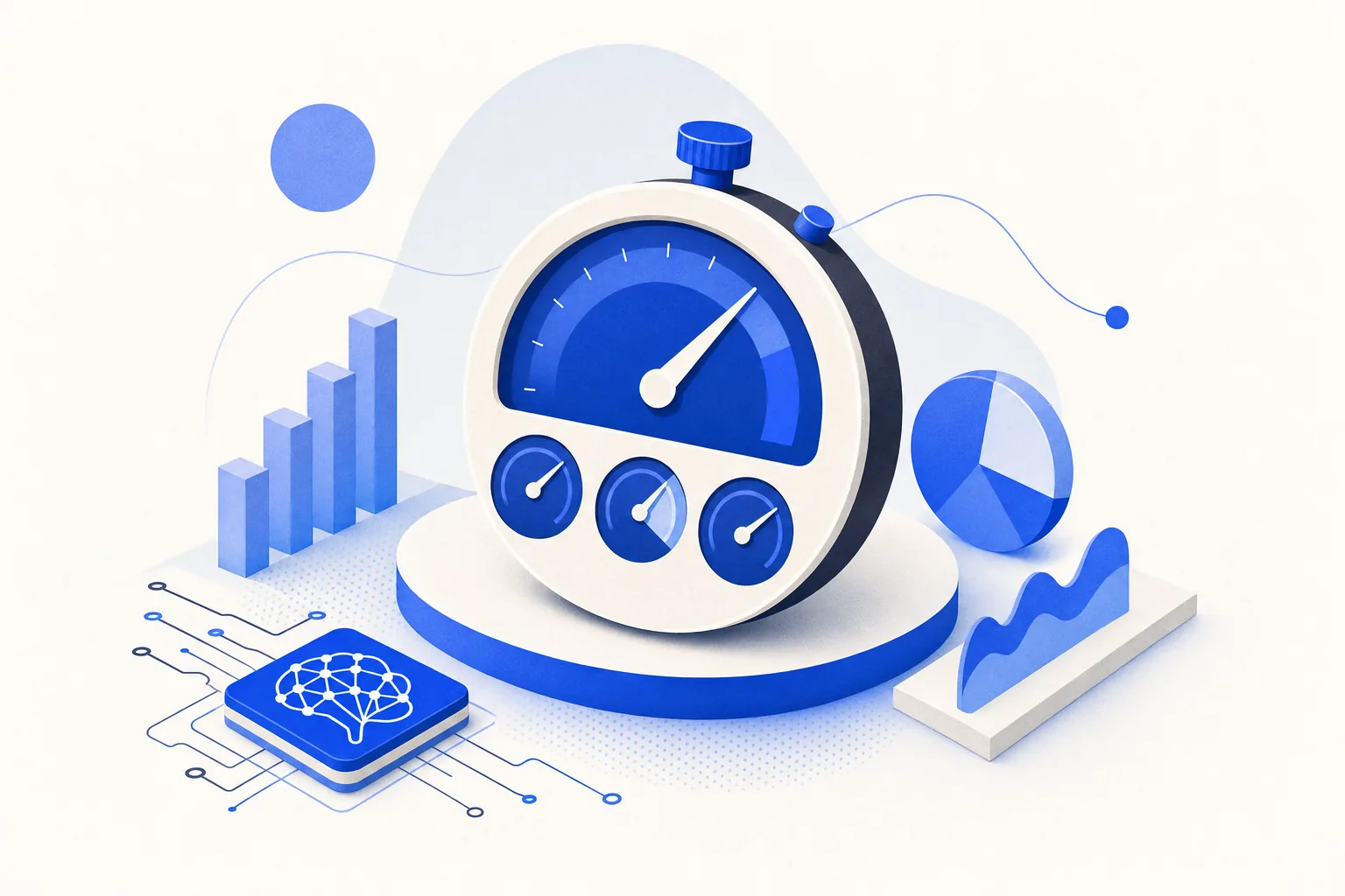 Ilustração editorial em tons de azul representando o artigo: Quais métricas comerciais um CEO de PME deve olhar todo dia (dashboard em 2 min)