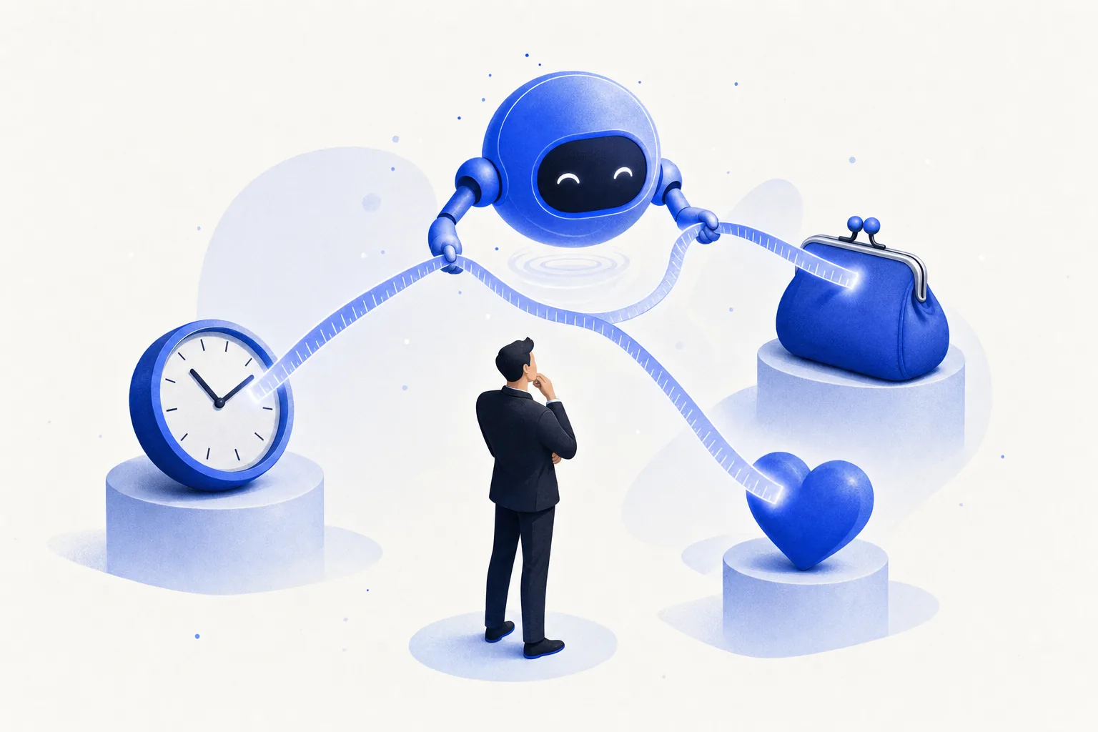 Ilustração editorial em tons de azul representando o artigo: As 5 métricas pra saber se sua IA está dando resultado (sem virar tese)