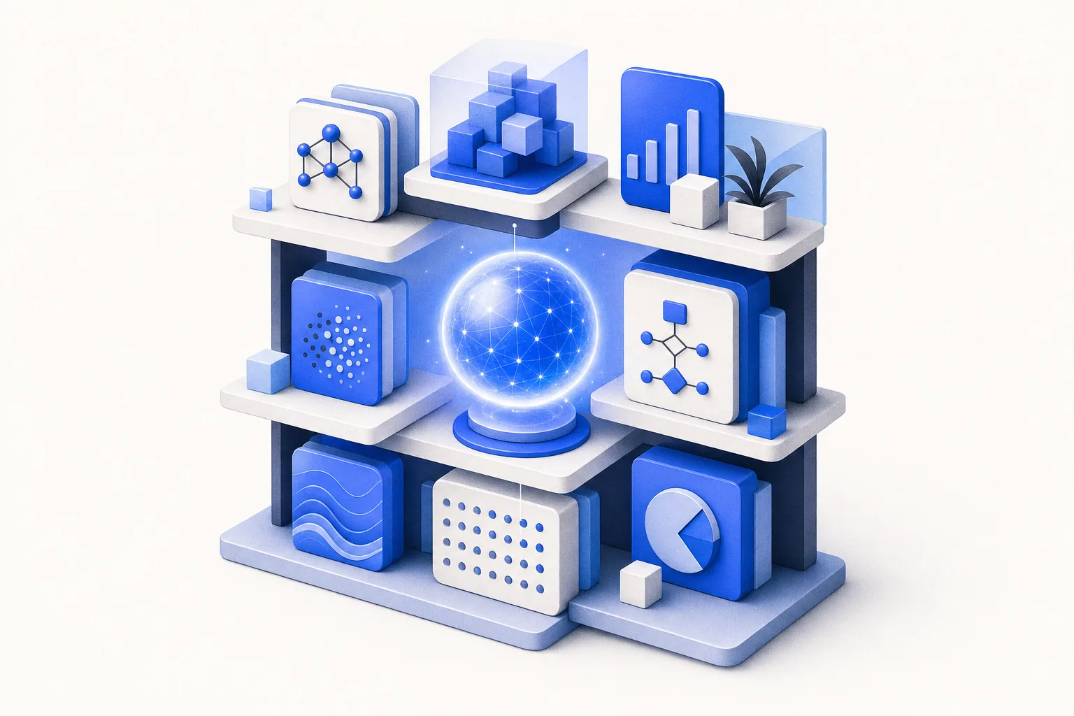 Ilustração editorial em tons de azul representando o artigo: Meu stack de IA em 2026: tudo que uso todo dia pra rodar a Expert Integrado