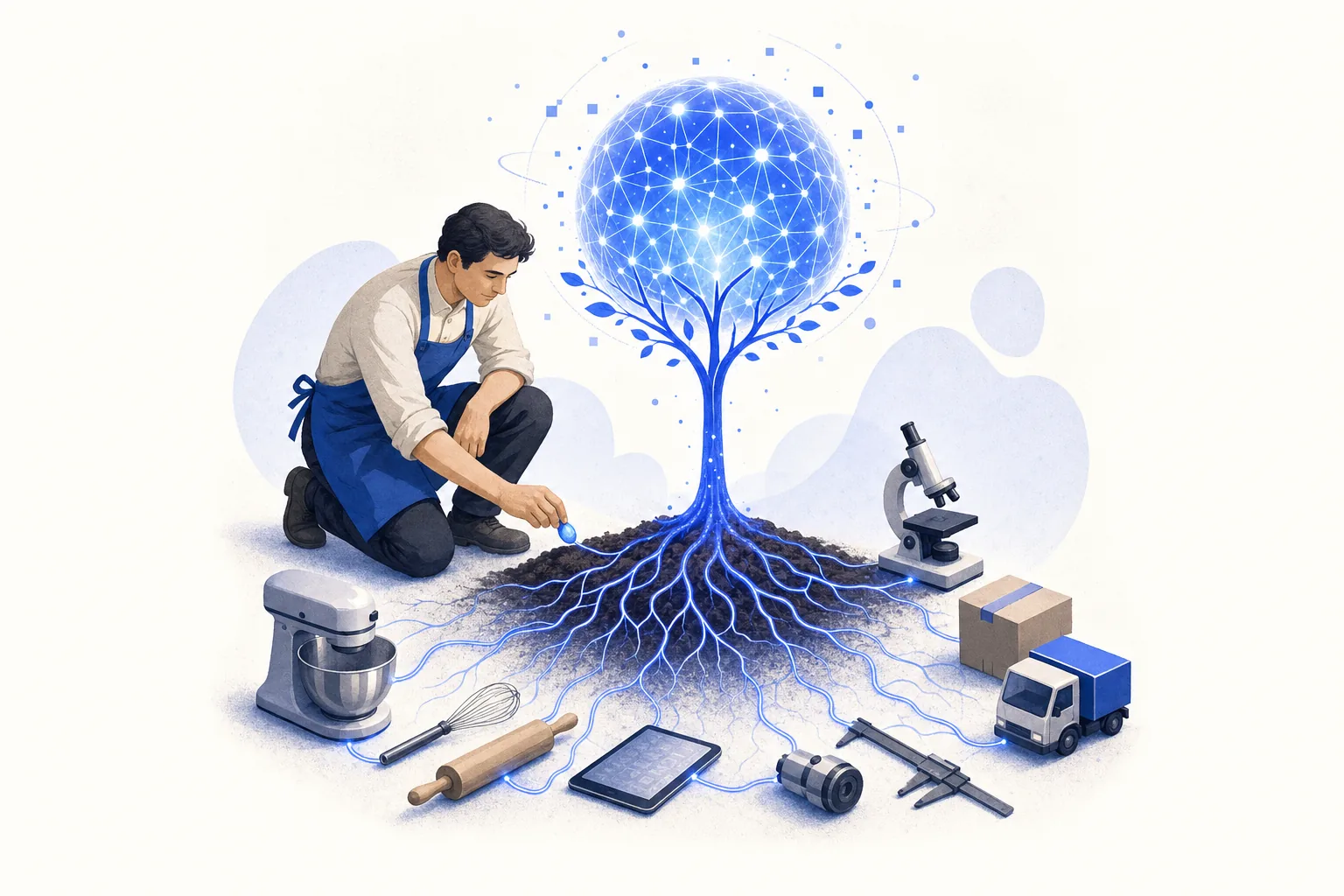 Ilustração editorial em tons de azul representando o artigo: Micro-SaaS com IA: a oportunidade pra quem entende de um problema (não de código)