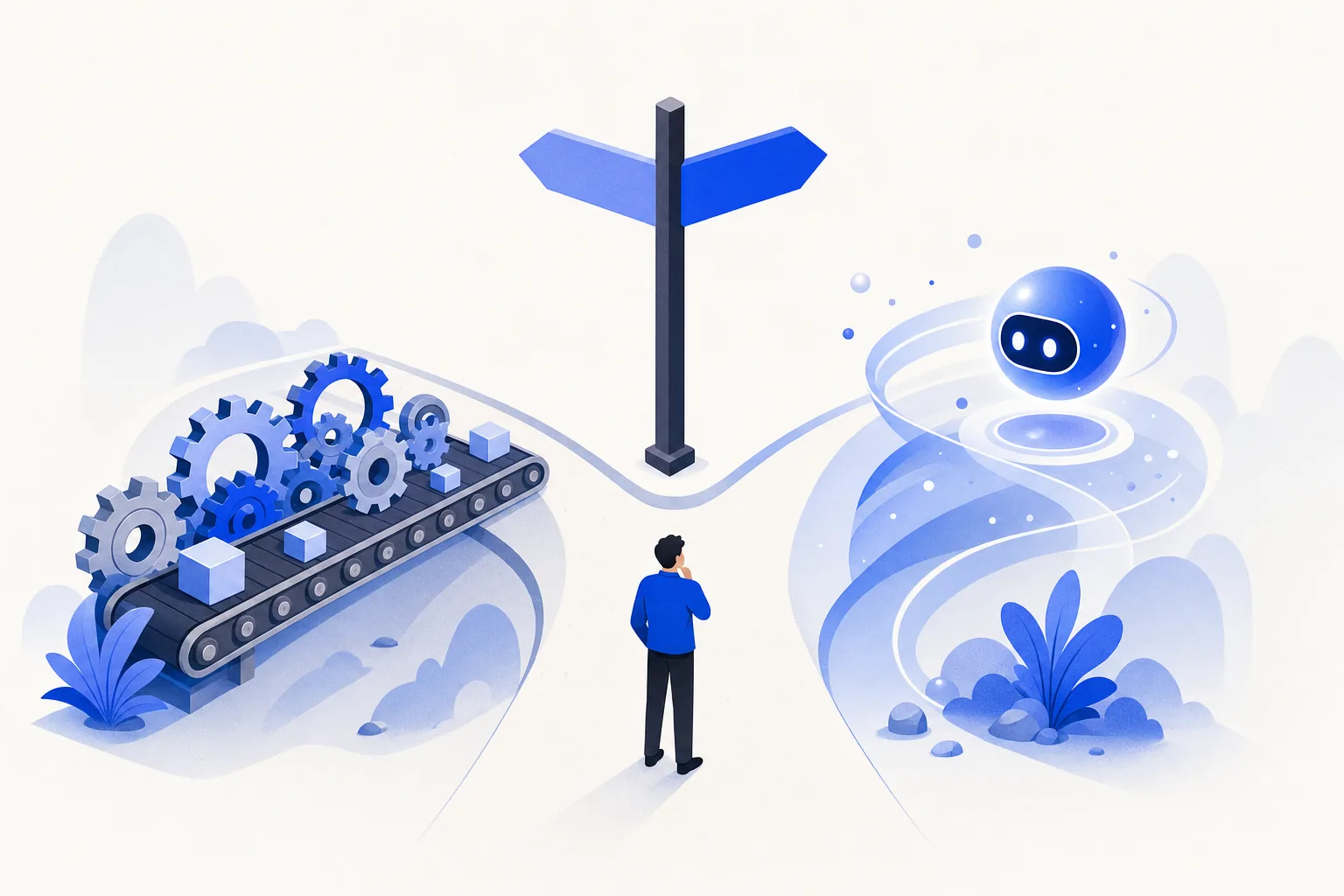 Ilustração editorial em tons de azul representando o artigo: n8n, Make ou agente de IA: qual automação pra cada tipo de problema