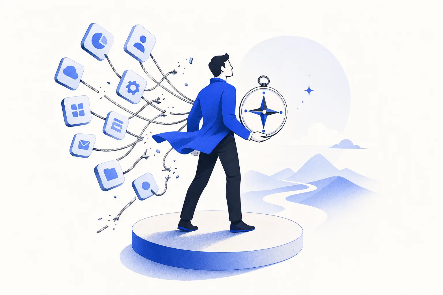 Ilustração editorial em tons de azul representando o artigo: Como não ficar refém de aplicativo: a regra dos 4 pra usar IA sem perder o controle