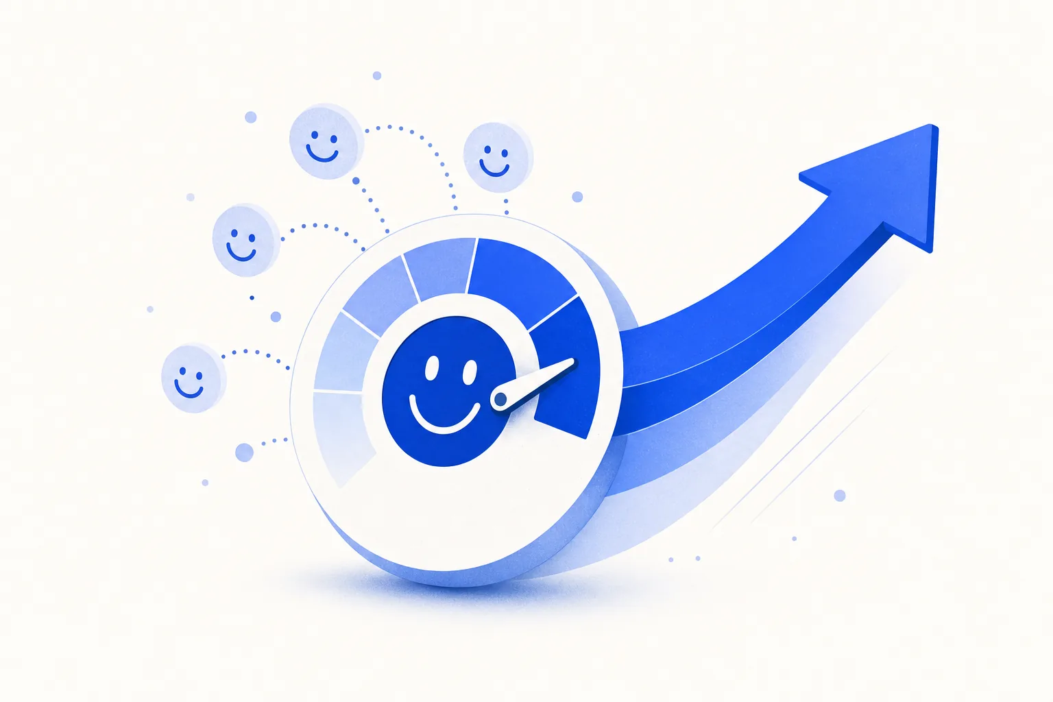 Ilustração editorial em tons de azul representando o artigo: NPS automático pra PME: como coletar, analisar e agir em menos de 1 hora/semana
