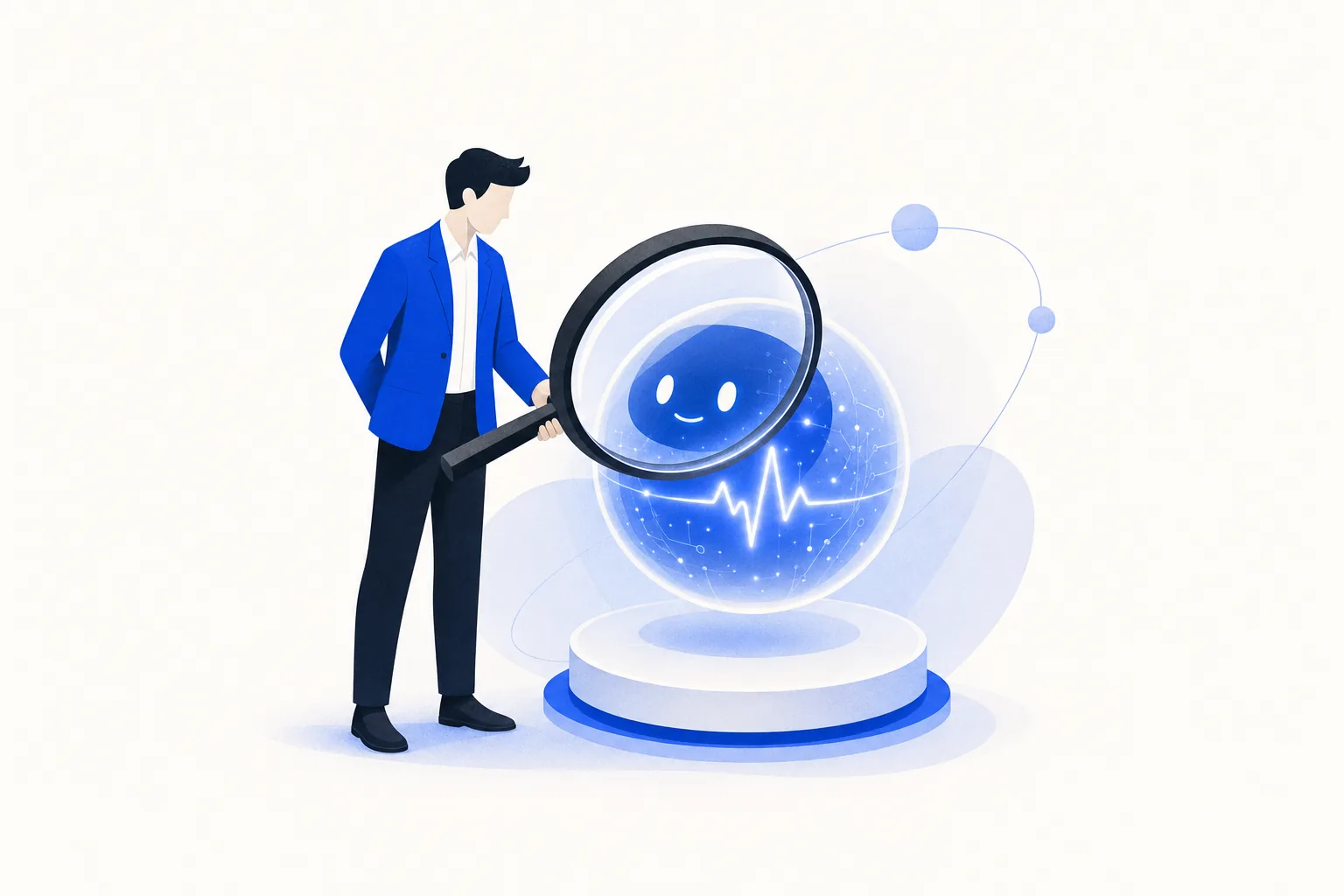 Ilustração editorial em tons de azul representando o artigo: Como saber se o agente fez certo: observabilidade pra quem não é técnico