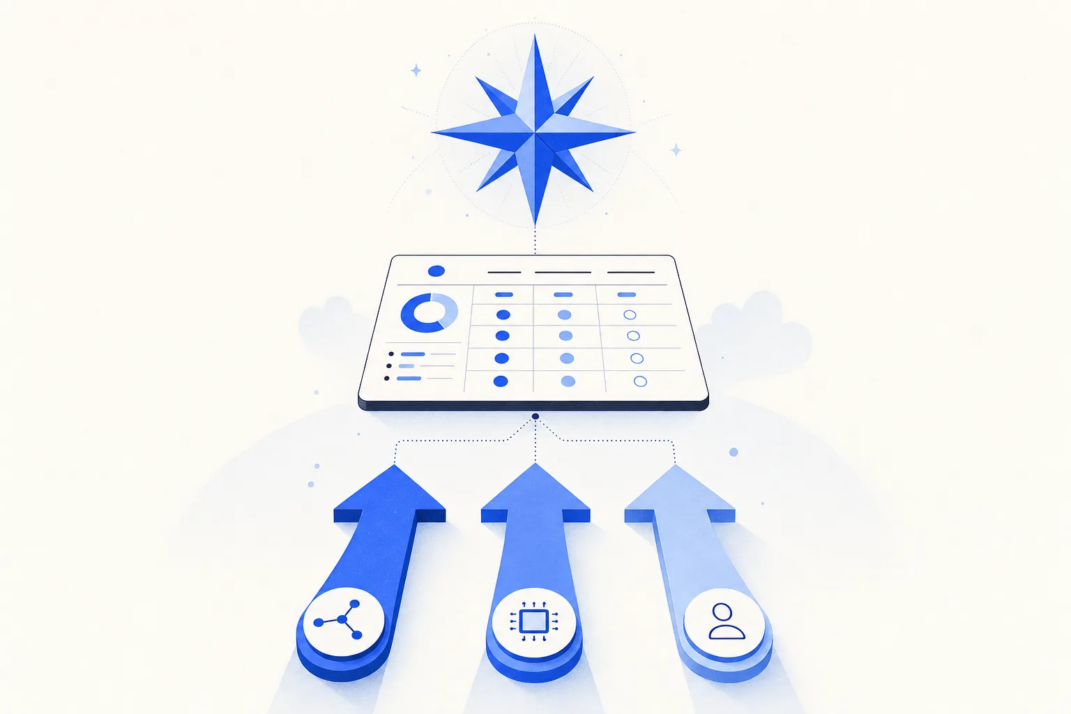Ilustração editorial em tons de azul representando o artigo: OKR Expert: como cruzar North Star, Scorecard TRACK e 3 prioridades trimestrais