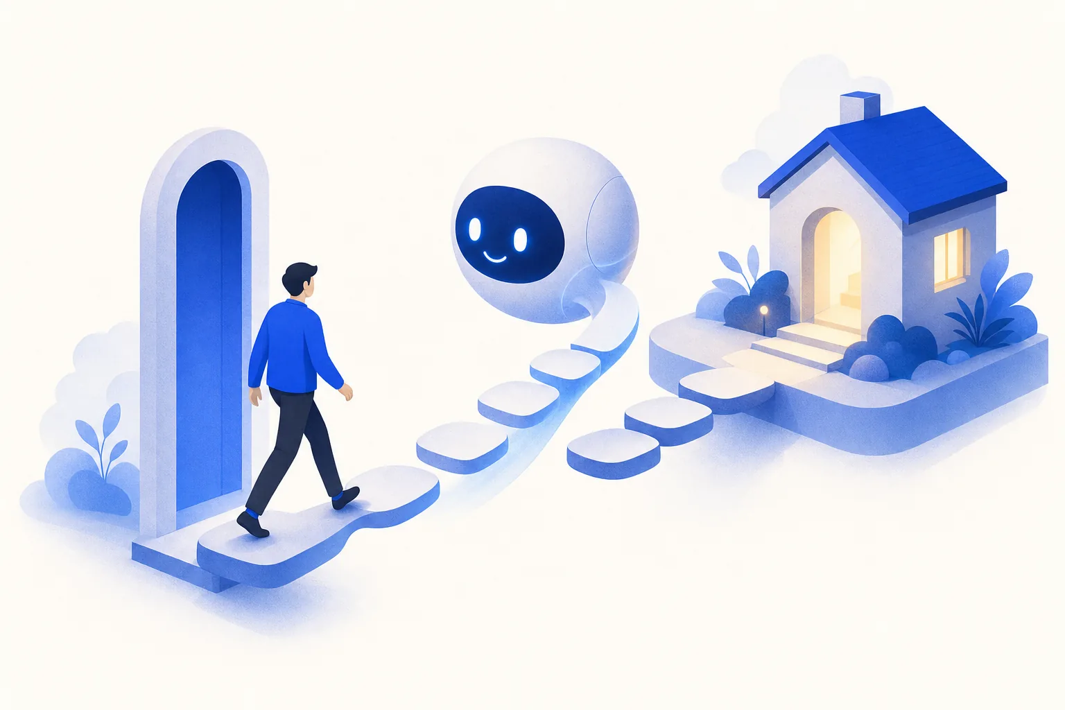 Ilustração editorial em tons de azul representando o artigo: Onboarding de cliente com IA: do contrato ao go-live sem fricção