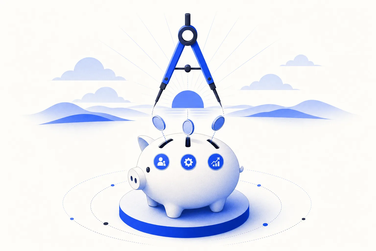 Ilustração editorial em tons de azul representando o artigo: Orçamento de IA 2027: quanto uma PME deveria reservar (faixas por porte)