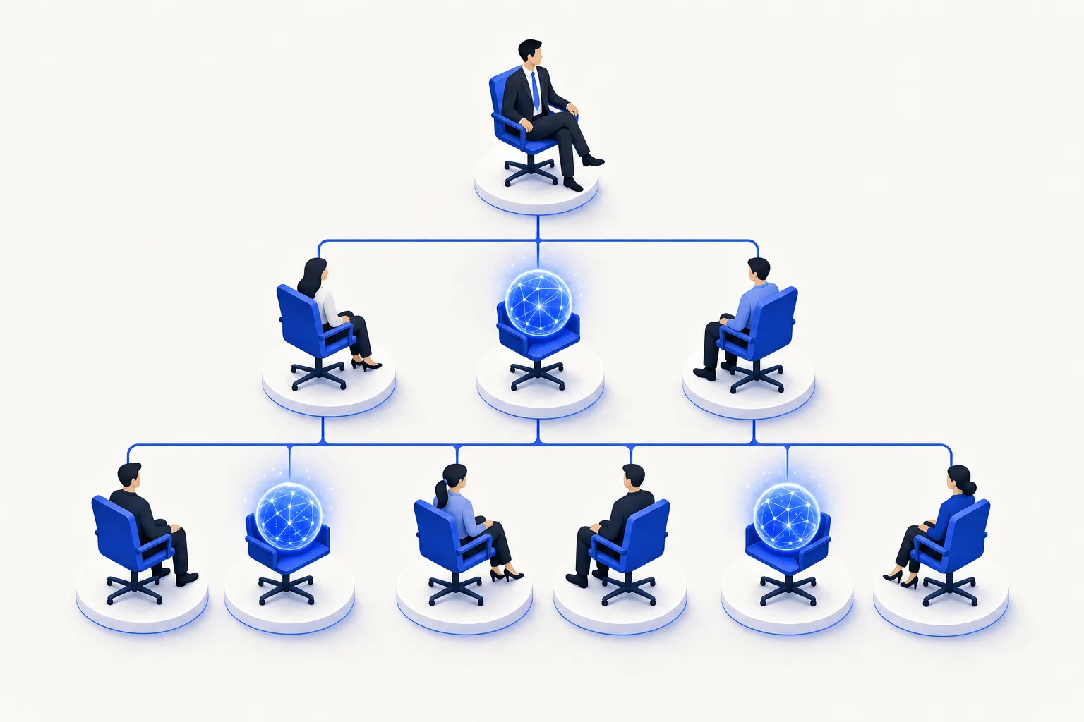 Ilustração editorial em tons de azul representando o artigo: O organograma com agentes: onde a IA "senta" na sua estrutura