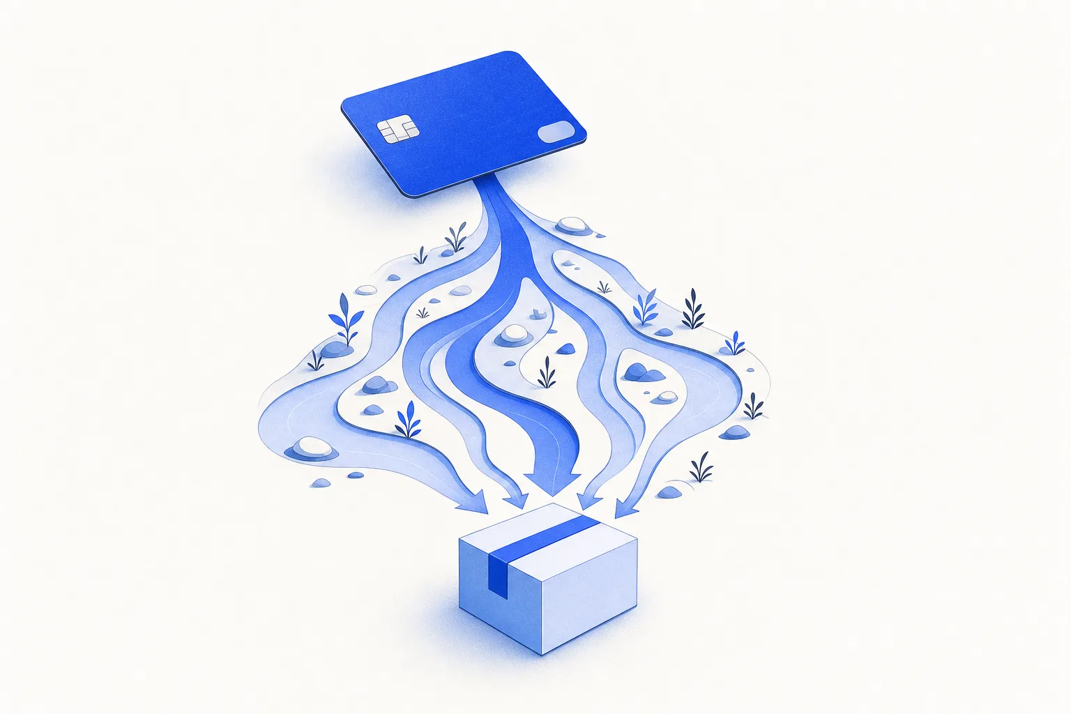 Ilustração editorial em tons de azul representando o artigo: Pagamento de software no cartão estourou? Alternativas de contratação pra PME