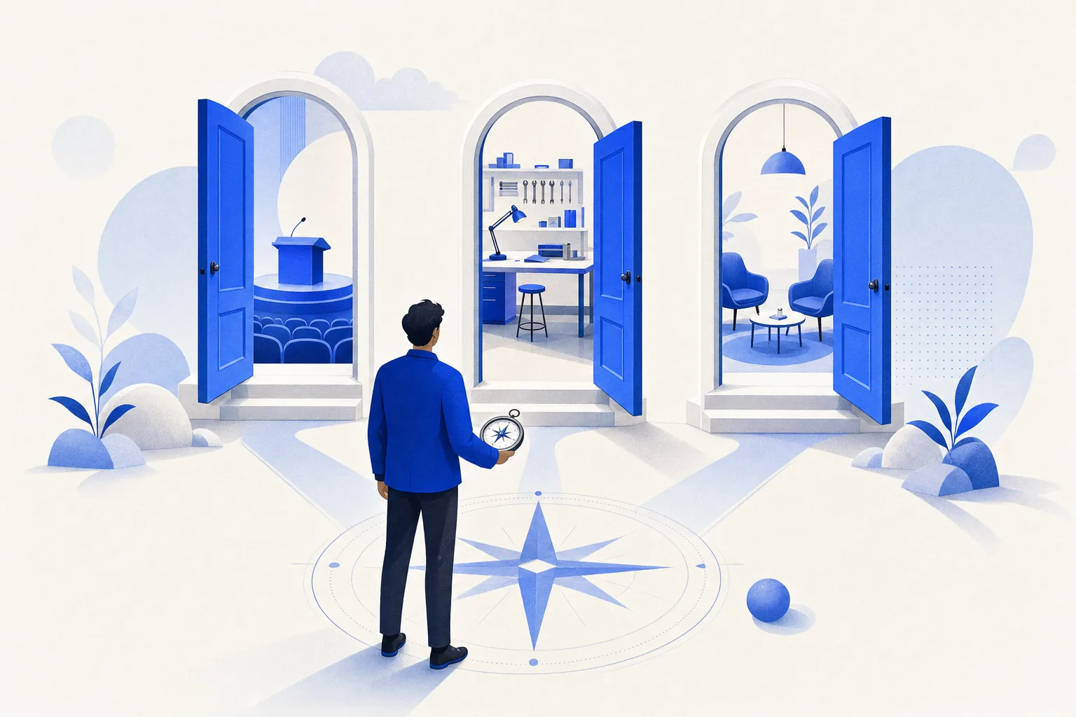 Ilustração editorial em tons de azul representando o artigo: Palestra, workshop ou mentoria: qual formato pro momento da sua empresa
