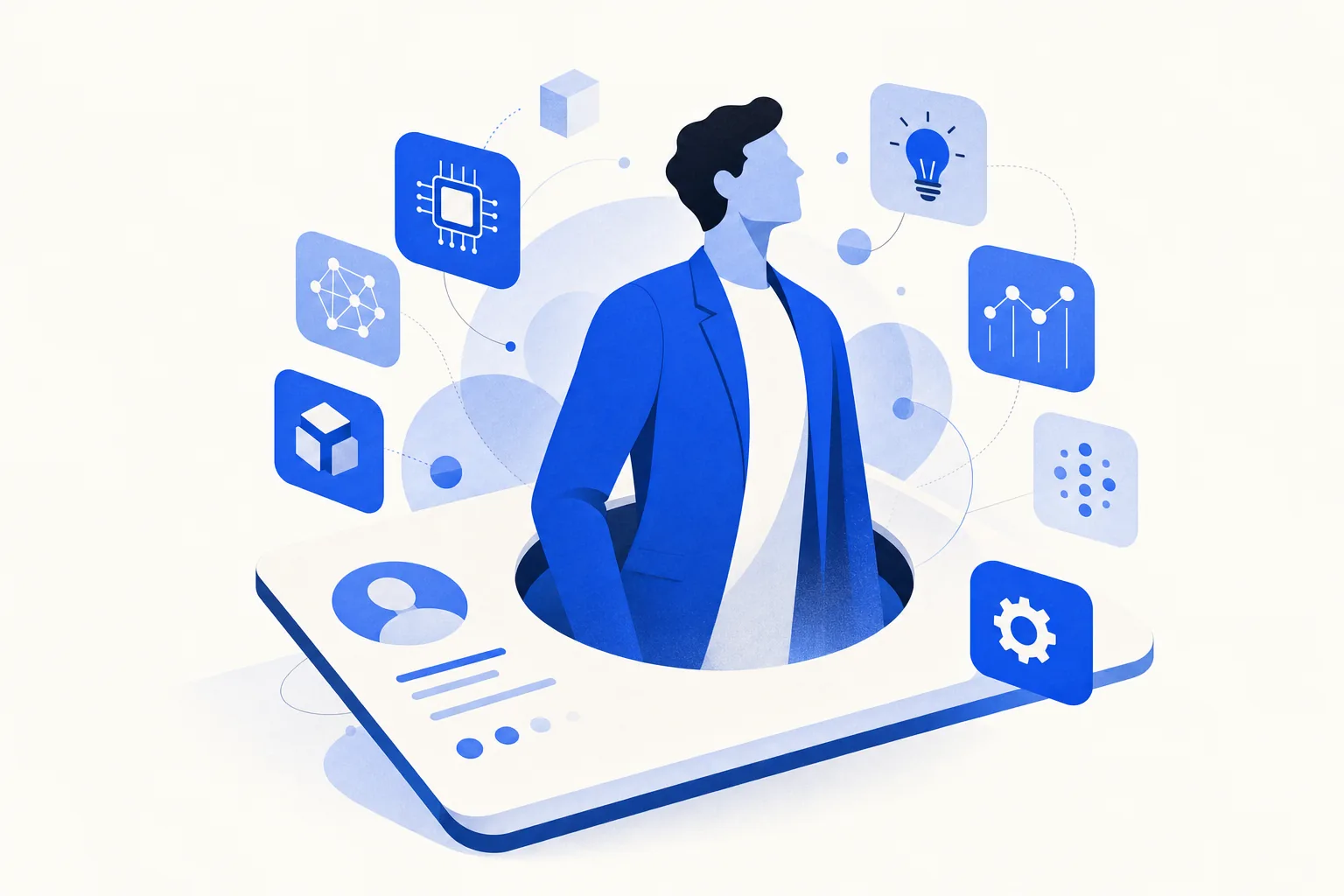 Ilustração editorial em tons de azul representando o artigo: O perfil que você precisa contratar em 2026 não existia em 2024