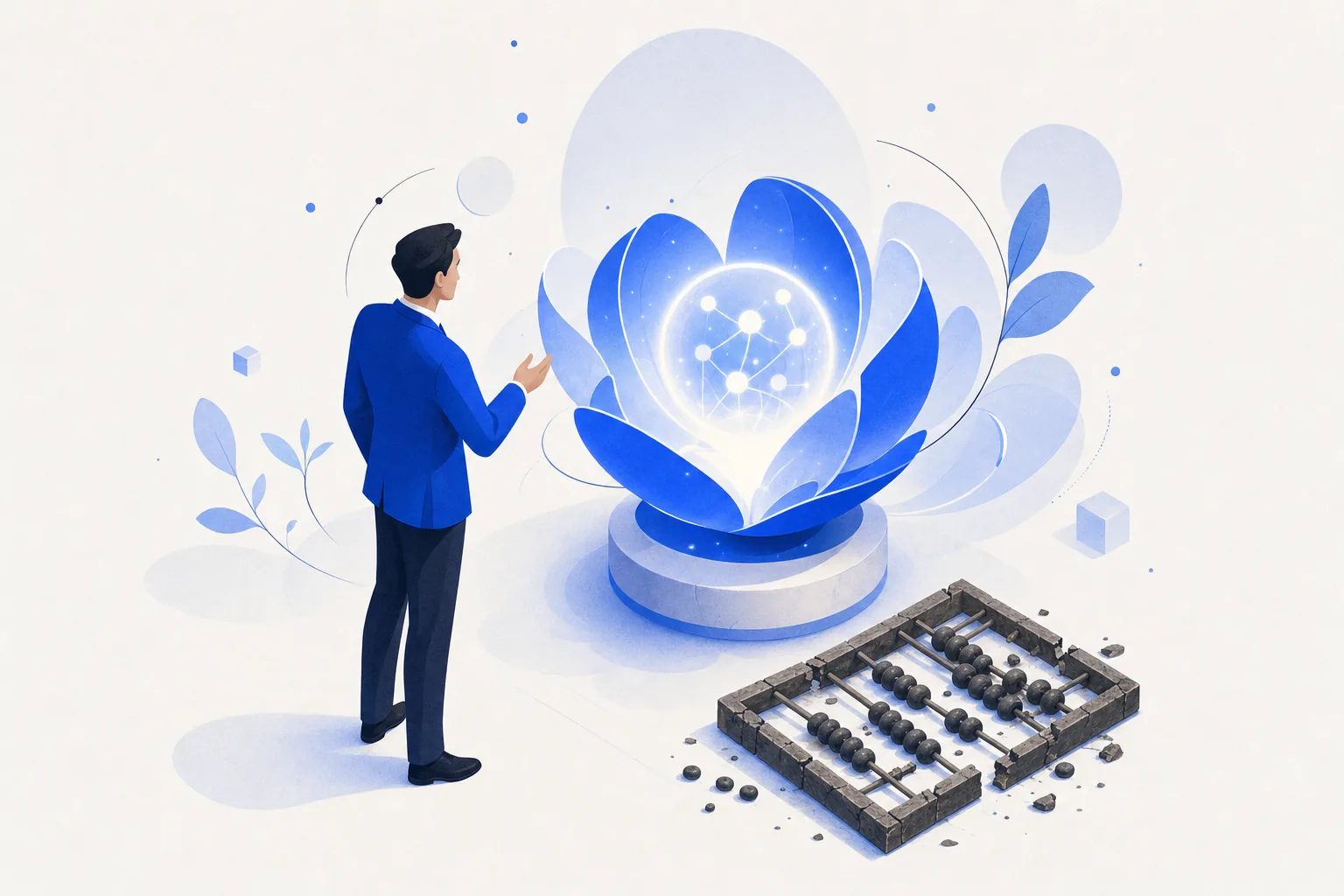 Ilustração editorial em tons de azul representando o artigo: Chega de dashboard: pergunte aos seus dados em português