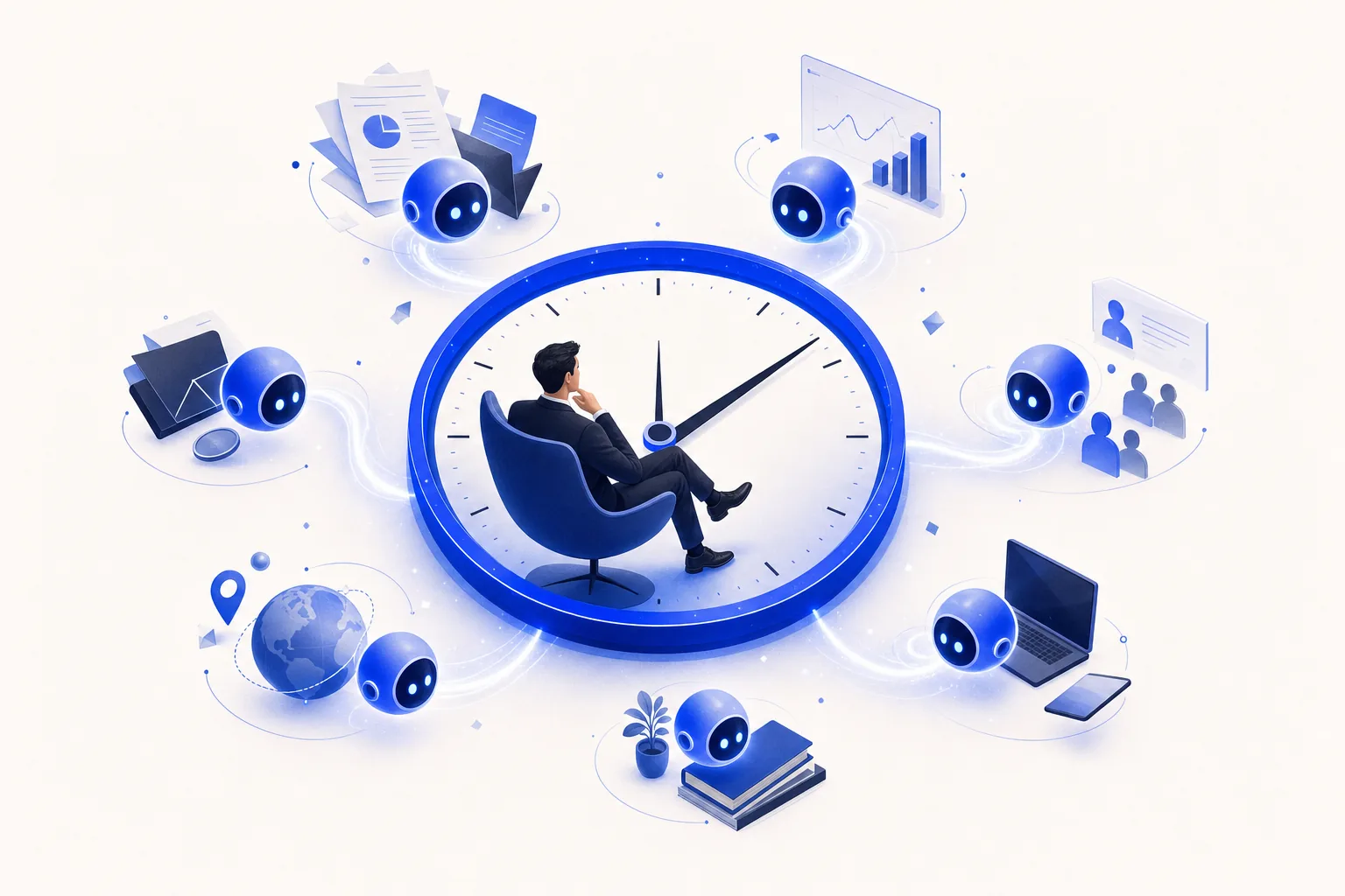 Ilustração editorial em tons de azul representando o artigo: IA na rotina do CEO: como uso inteligência artificial 1 hora por dia (e o que deixo de lado)