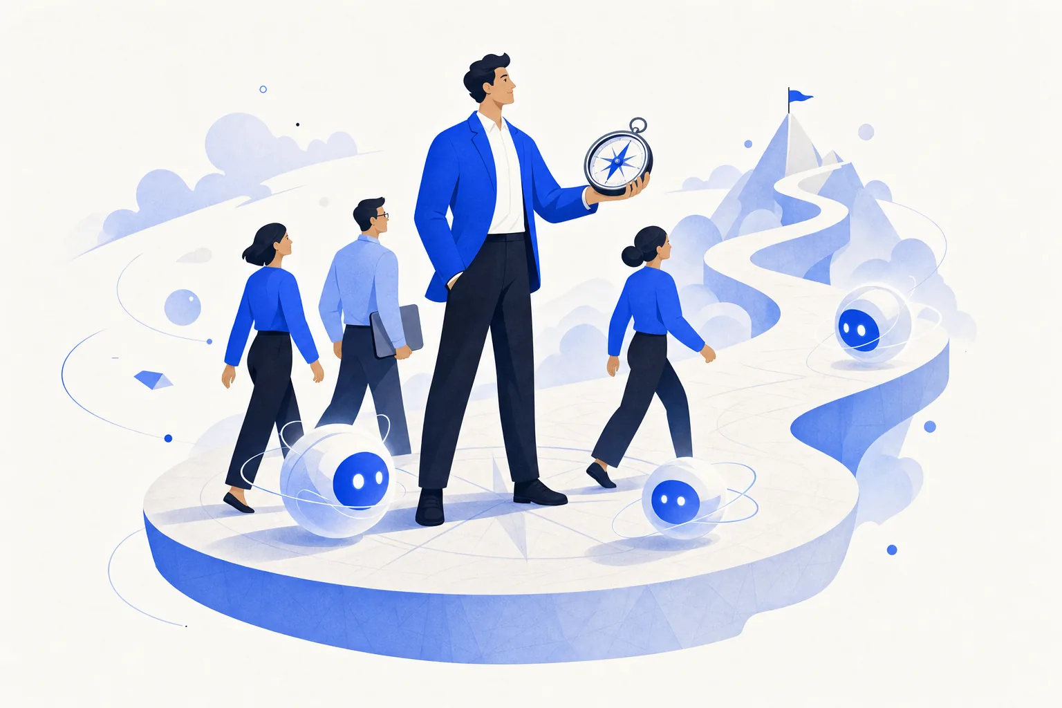 Ilustração editorial em tons de azul representando o artigo: Liderança na era agêntica: o que muda (e o que não muda) quando sua equipe inclui agentes de IA