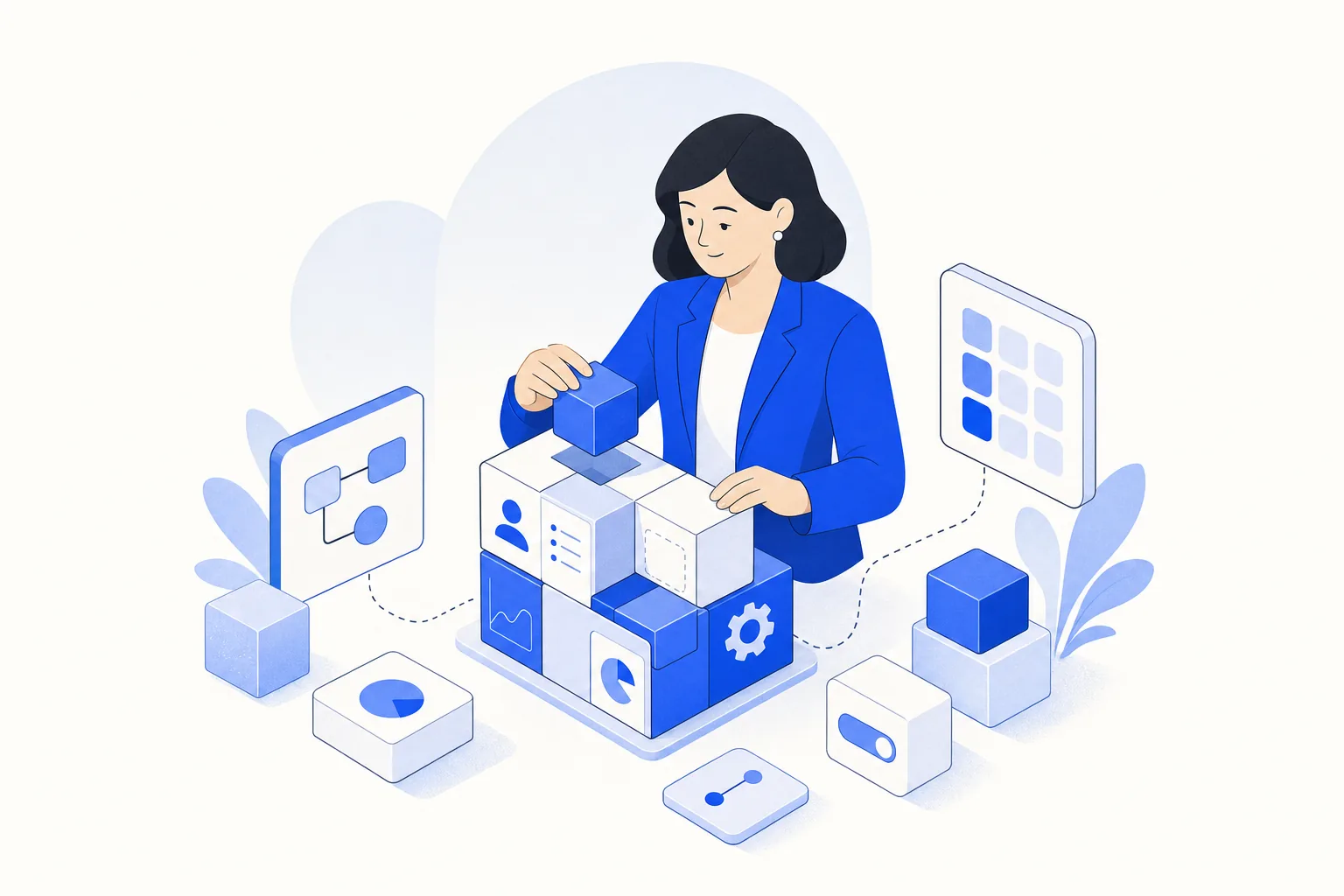 Ilustração editorial em tons de azul representando o artigo: Vibe Coding para empresários: construa ferramentas internas sem depender de desenvolvedor