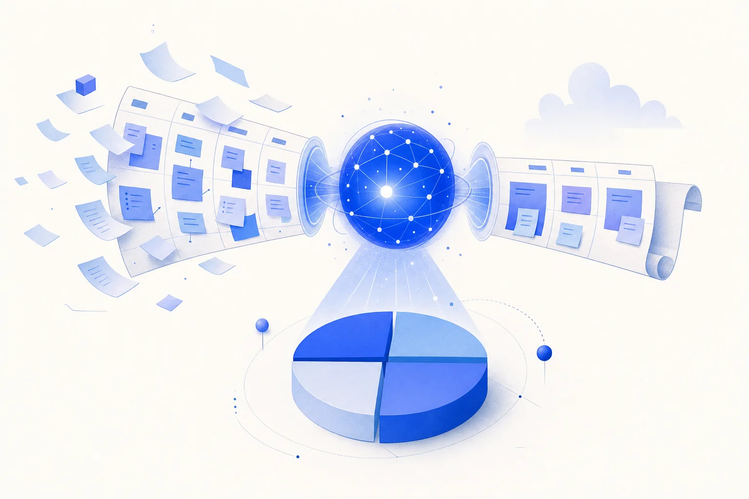 Ilustração editorial em tons de azul representando o artigo: Planejamento trimestral com IA: como faço em 3 horas o que levava 2 dias