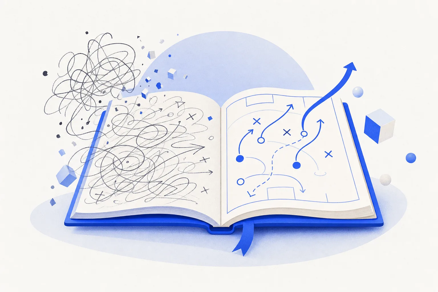 Ilustração editorial em tons de azul representando o artigo: Playbook de vendas: por que seu time improvisa (e quanto isso custa)