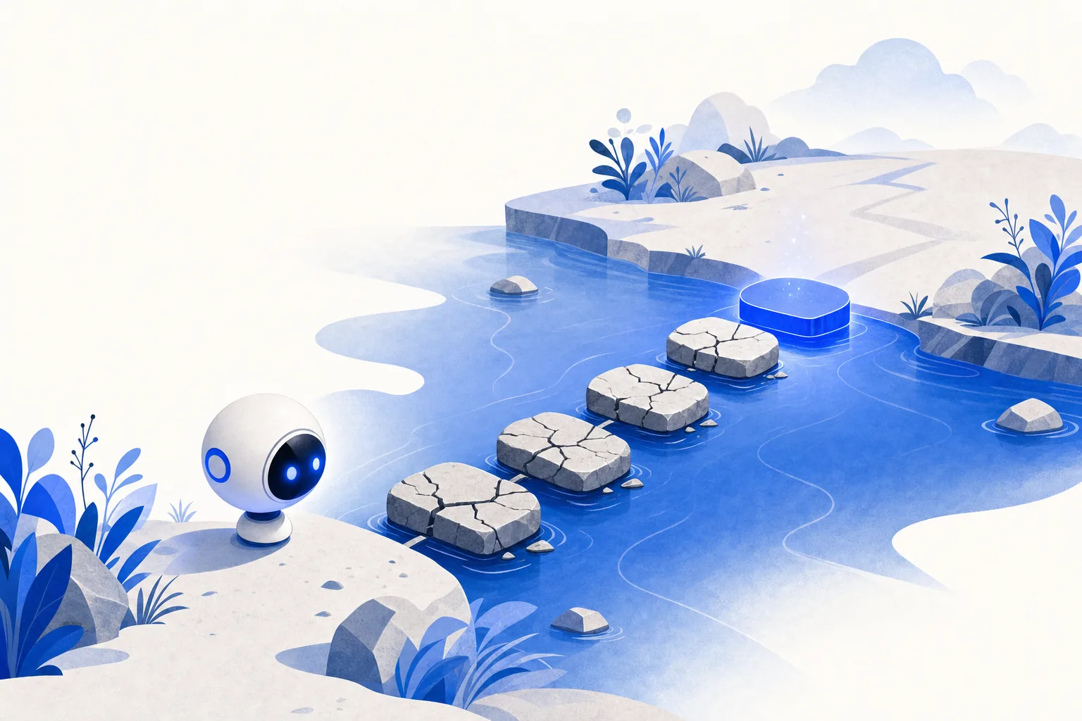 Ilustração editorial em tons de azul representando o artigo: 95% dos pilotos de IA falham. Os 5 motivos