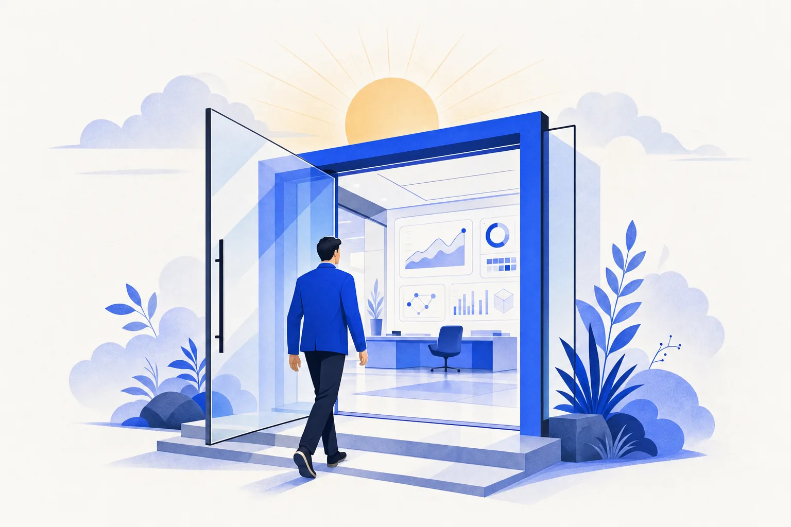 Ilustração editorial em tons de azul representando o artigo: Portal do cliente num fim de semana: o projeto perfeito pra começar