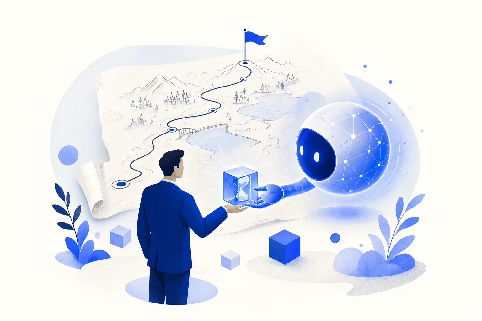 Ilustração editorial em tons de azul representando o artigo: Sua primeira hora devolvida: por onde começar (o mapa do mapeamento)