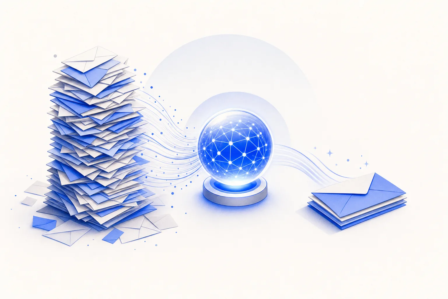 Ilustração editorial em tons de azul representando o artigo: Como processar 300 e-mails por dia em menos de 15 minutos com IA