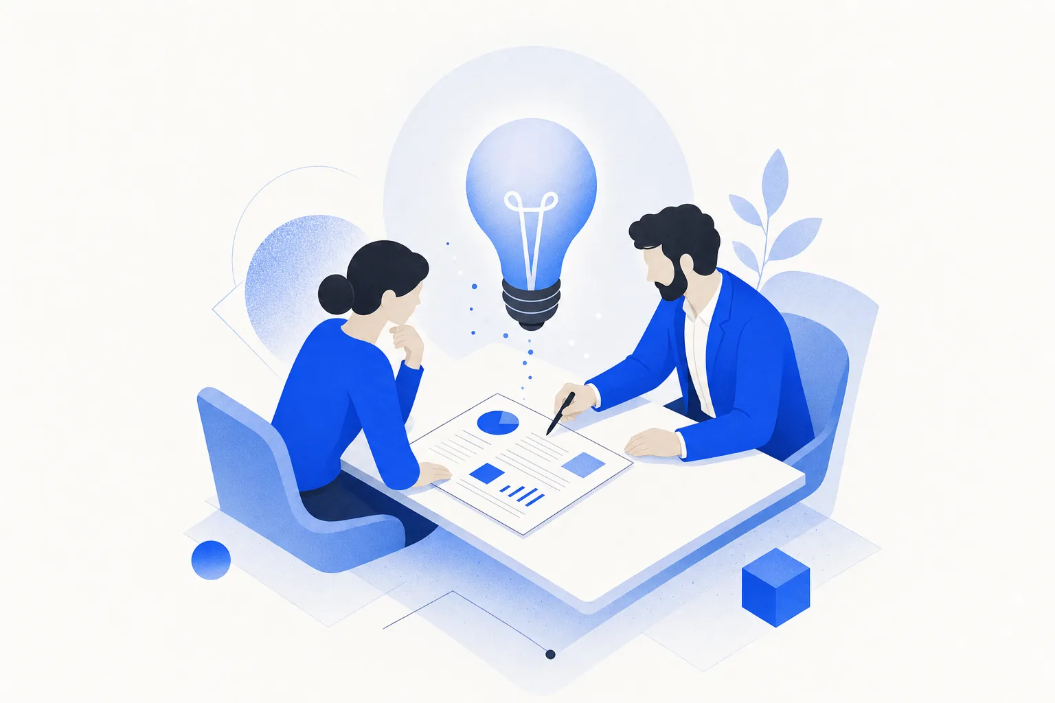 Ilustração editorial em tons de azul representando o artigo: Como apresentar o projeto de IA pro seu sócio (o material que destrava a decisão)