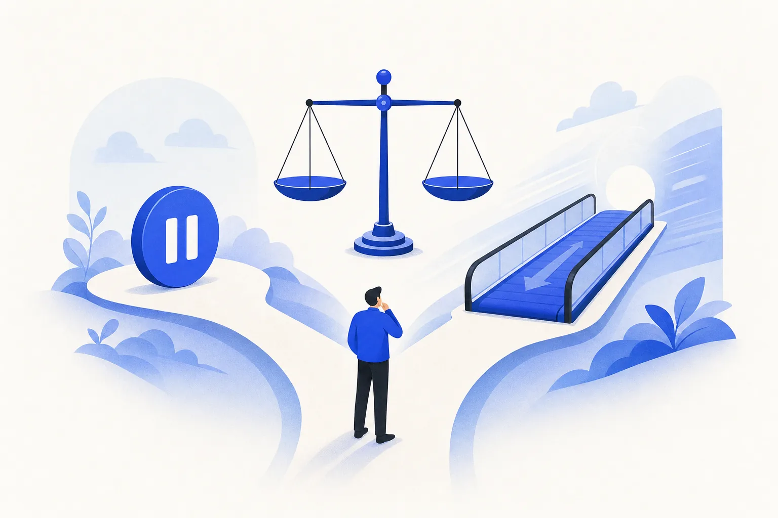Ilustração editorial em tons de azul representando o artigo: Quando adiar IA é a decisão certa (e quando 'agora não' custa caro)