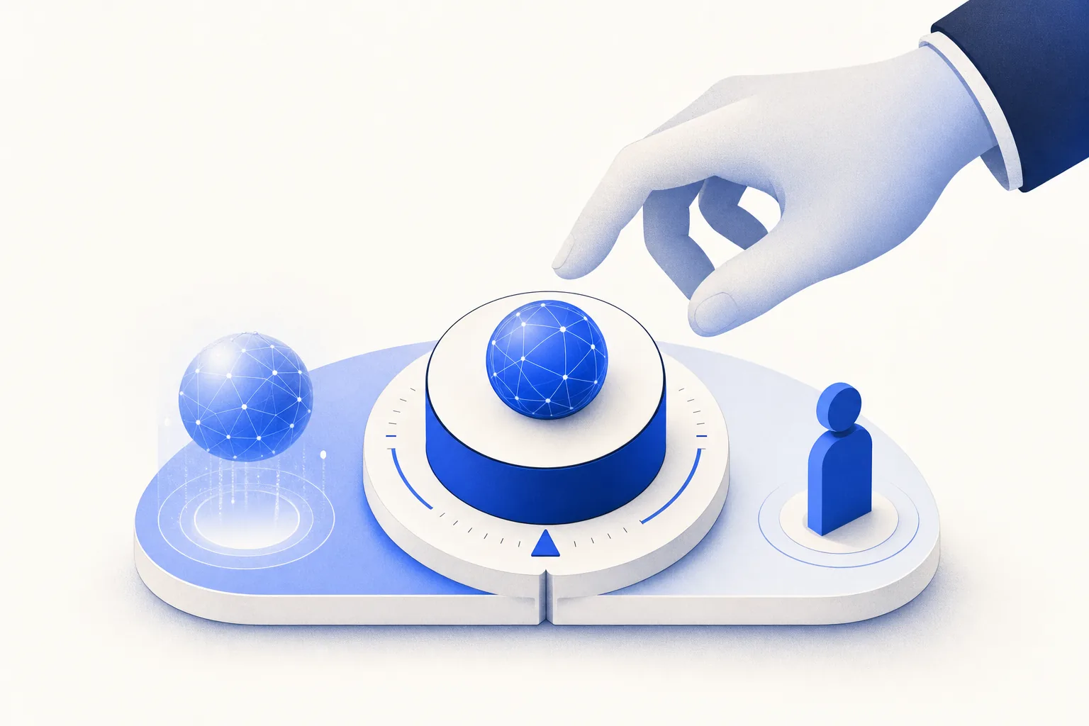 Ilustração editorial em tons de azul representando o artigo: Quando deixar a IA decidir e quando intervir: o critério que uso todo dia