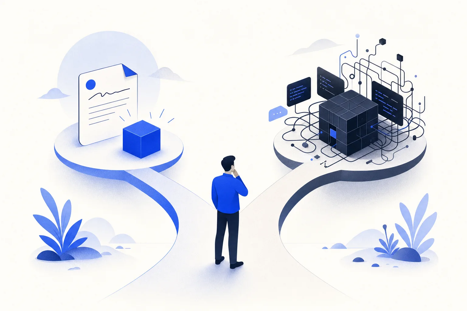 Ilustração editorial em tons de azul representando o artigo: Não precisa de dev, precisa de prompt bem escrito: quando isso é verdade e quando é cilada