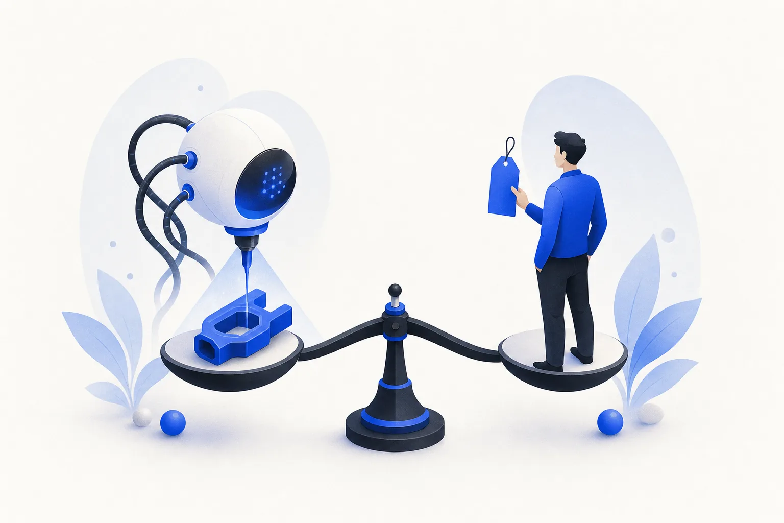 Ilustração editorial em tons de azul representando o artigo: Quanto custa construir uma ferramenta interna com IA vs contratar um dev