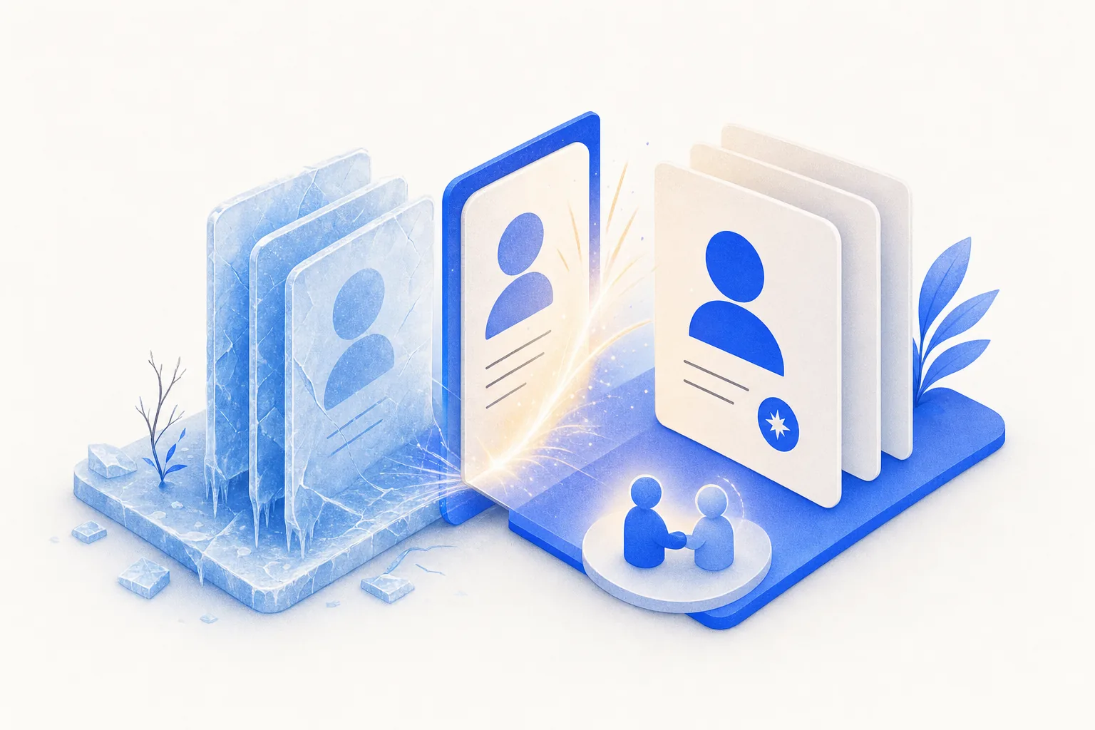 Ilustração editorial em tons de azul representando o artigo: Reativação de base fria: o template que reabriu 23 deals em 2 semanas