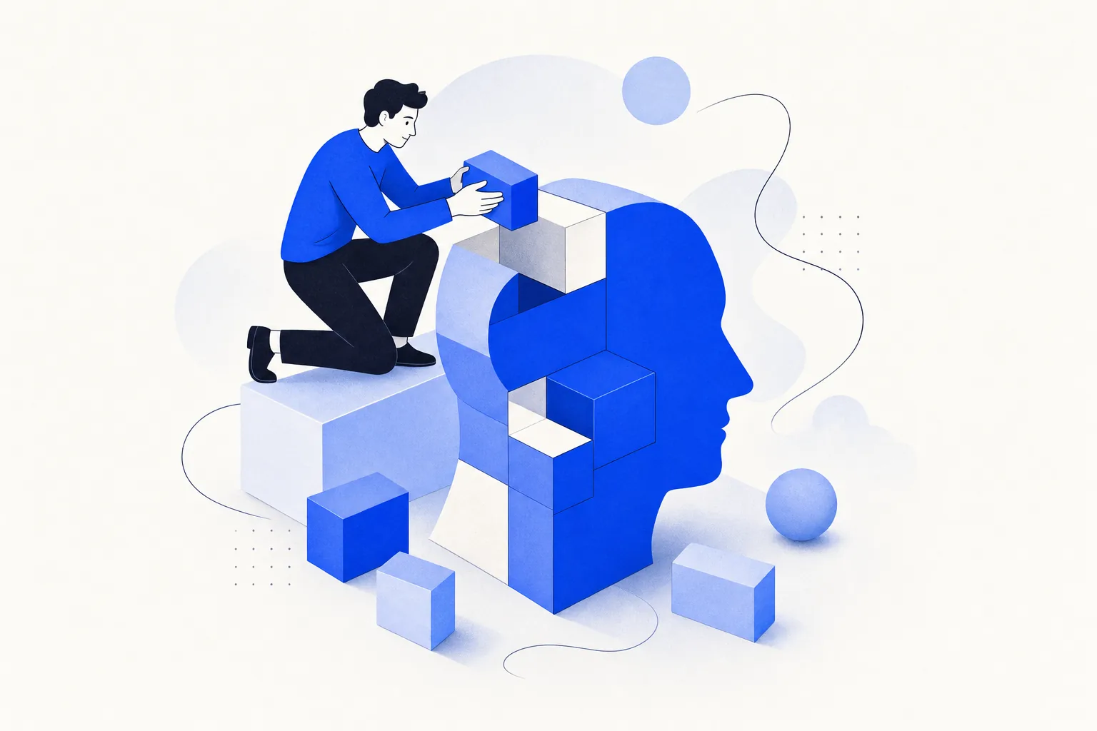Ilustração editorial em tons de azul representando o artigo: Reflexão pública: como o G4 me deu o vocabulário de empresário em 2 anos