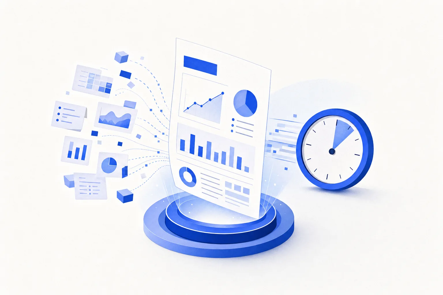 Ilustração editorial em tons de azul representando o artigo: Relatório semanal automático pra time: como monto em 10 min com IA