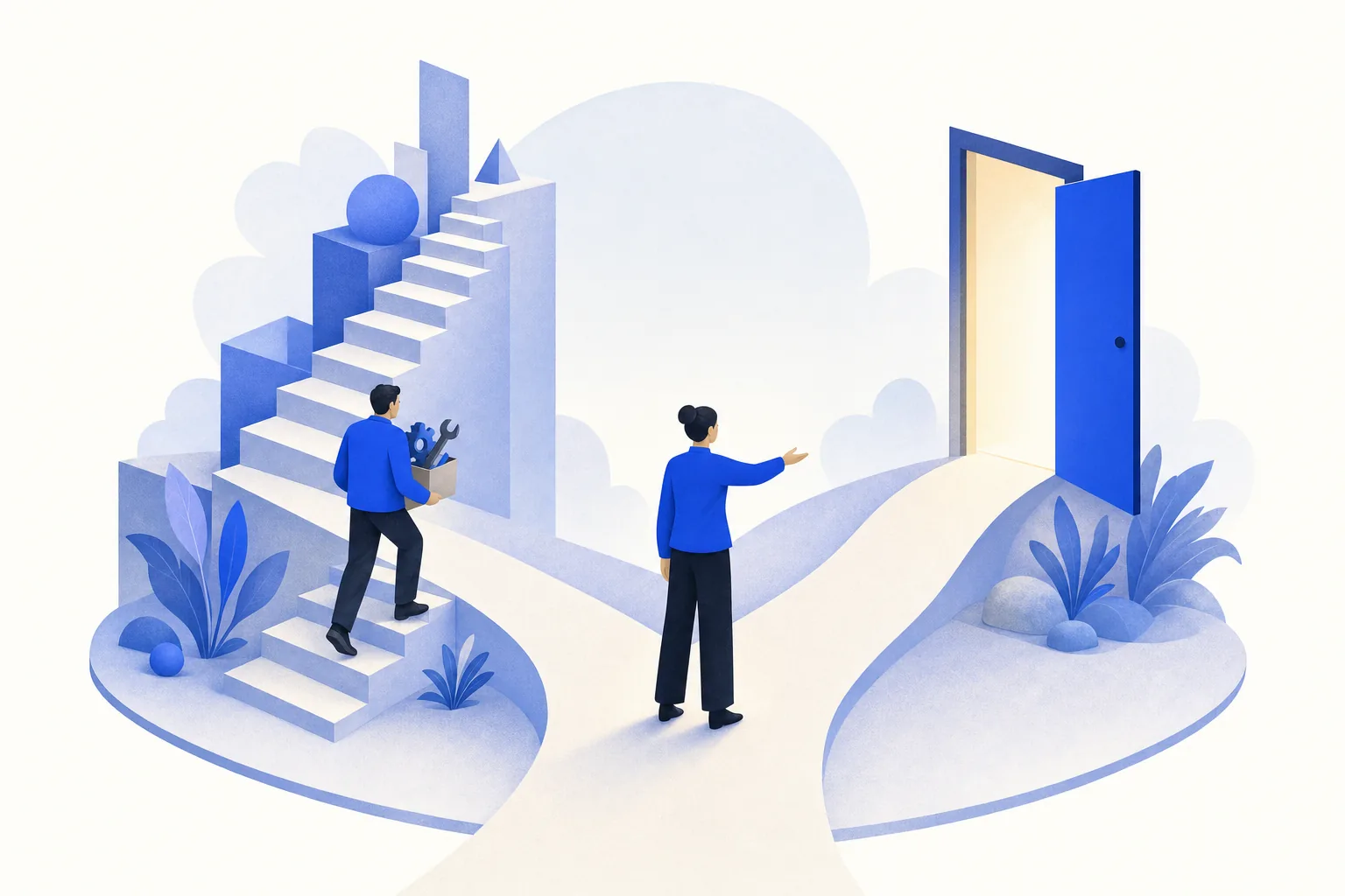 Ilustração editorial em tons de azul representando o artigo: Requalificar ou demitir: a conversa honesta sobre funções que a IA absorve