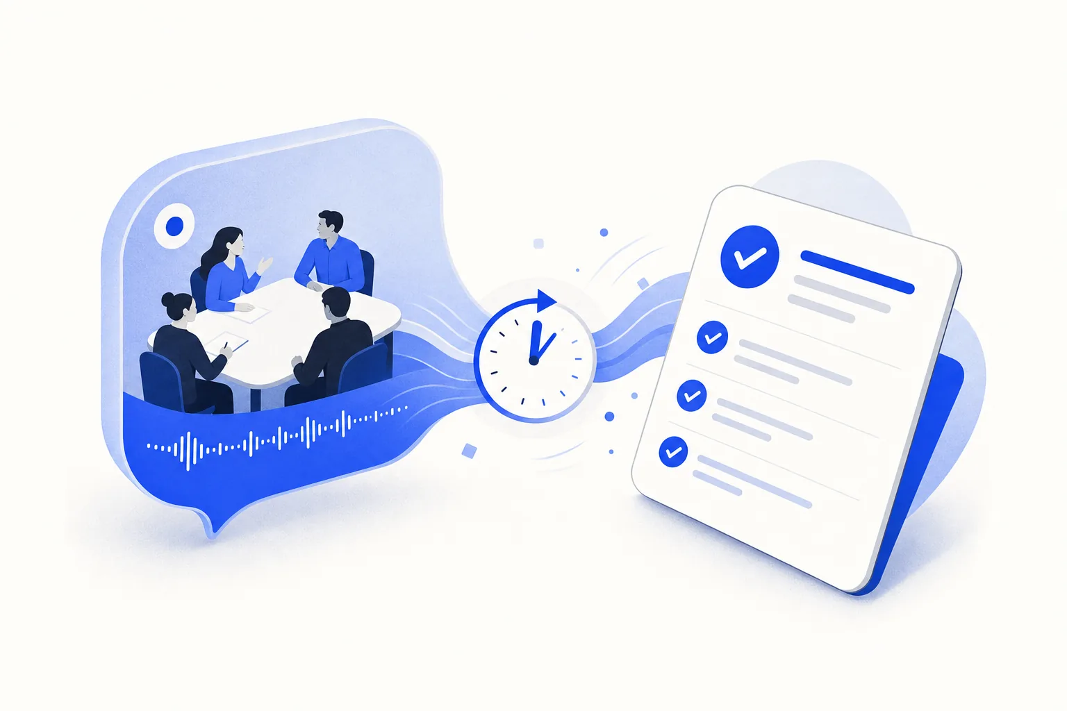 Ilustração editorial em tons de azul representando o artigo: Resumo de reunião gravada que vira ação no ClickUp em menos de 2 minutos