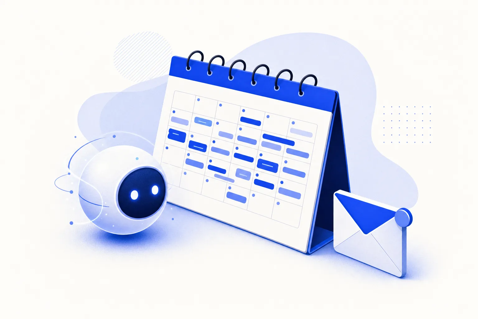 Ilustração editorial em tons de azul representando o artigo: Como organizei 13 reuniões por semana com 1 agente e o Outlook