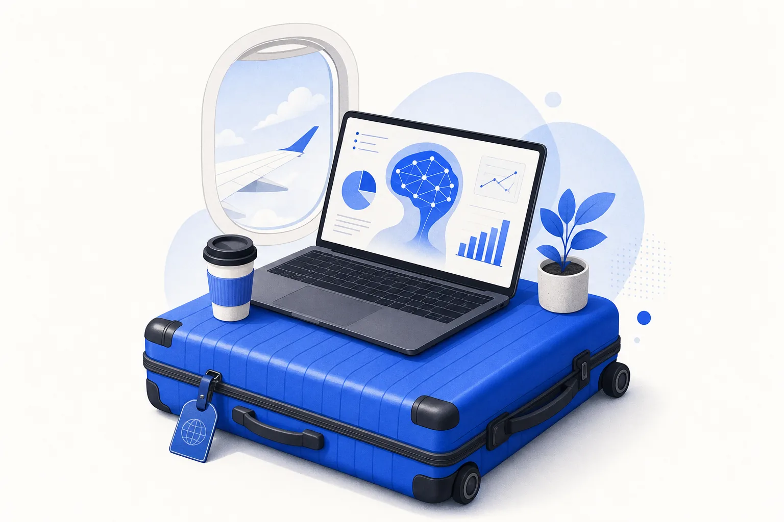 Ilustração editorial em tons de azul representando o artigo: Rodar empresa de notebook em viagem: o que funcionou e o que não funcionou