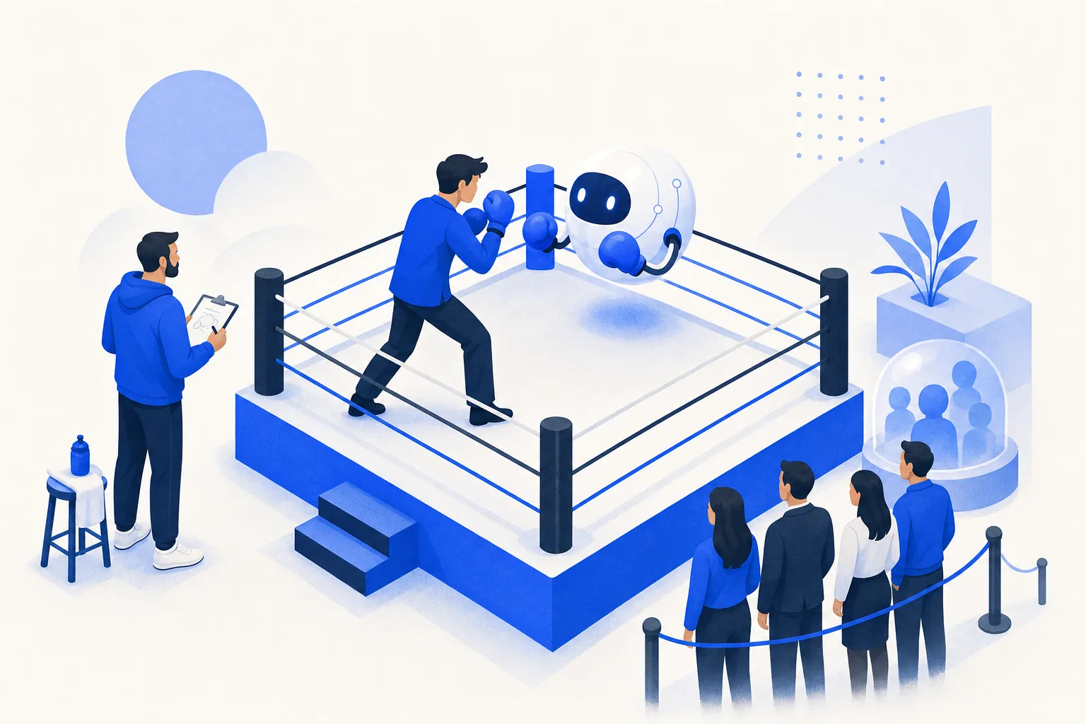 Ilustração editorial em tons de azul representando o artigo: Role play com IA: treinar vendedor sem queimar lead real