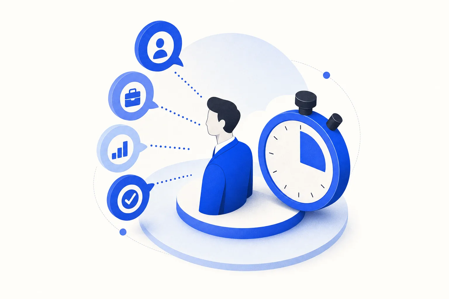 Ilustração editorial em tons de azul representando o artigo: O script de 4 perguntas que qualifica lead de WhatsApp em menos de 3 minutos