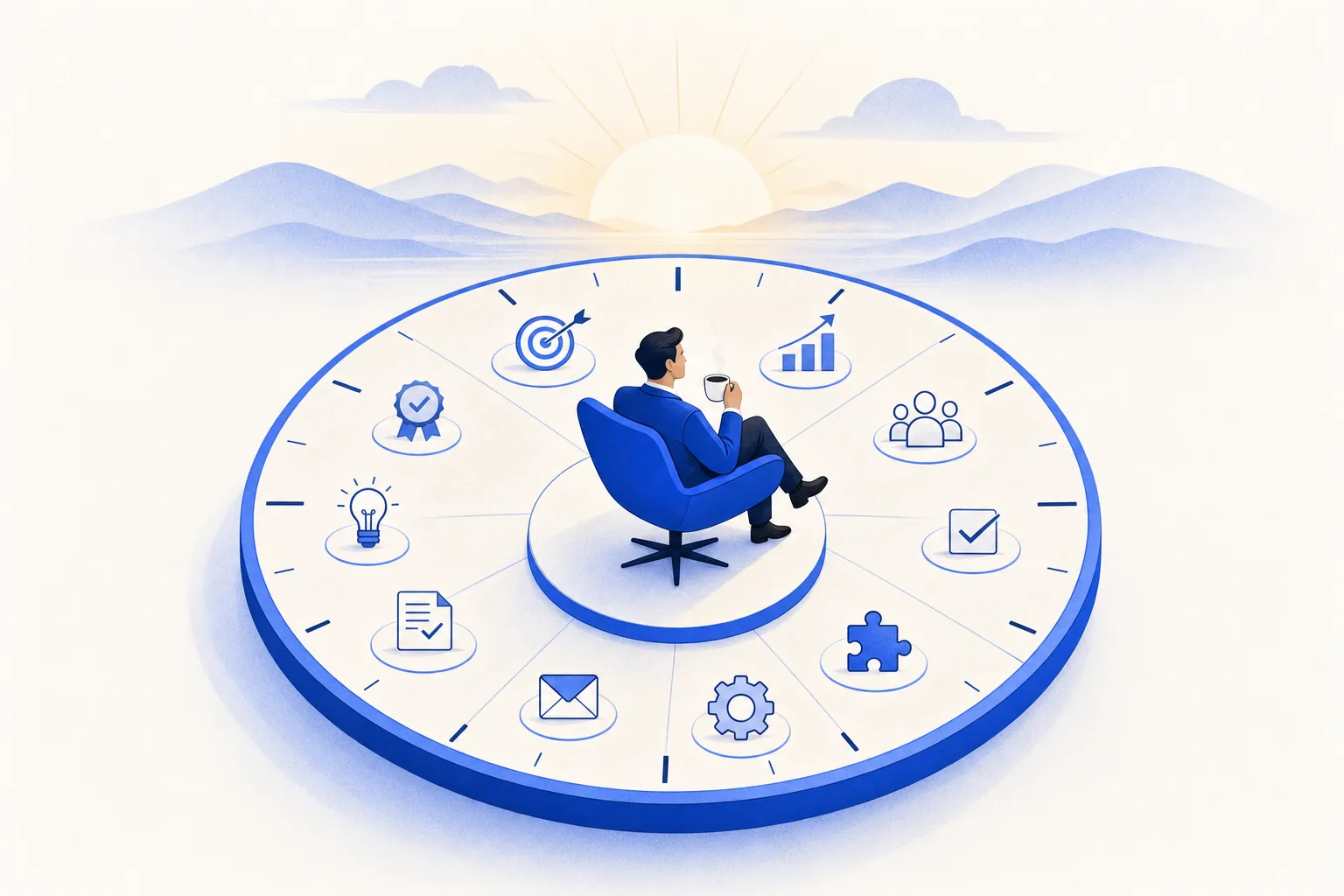 Ilustração editorial em tons de azul representando o artigo: A segunda-feira do CEO com IA: a rotina real, hora a hora