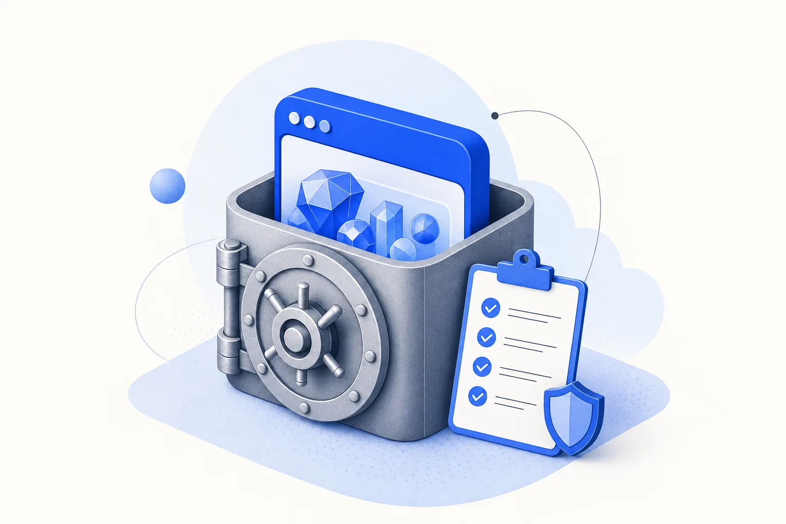 Ilustração editorial em tons de azul representando o artigo: Segurança de app feito com IA: o checklist antes de colocar dados de cliente
