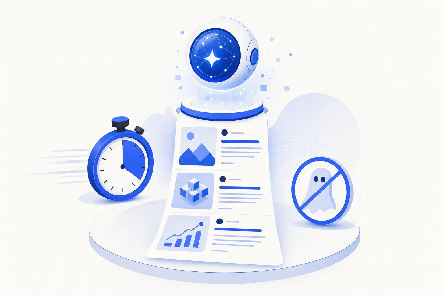 Ilustração editorial em tons de azul representando o artigo: Presença no LinkedIn sem ghostwriter: como uso IA pra manter 3 posts/semana em 30 min