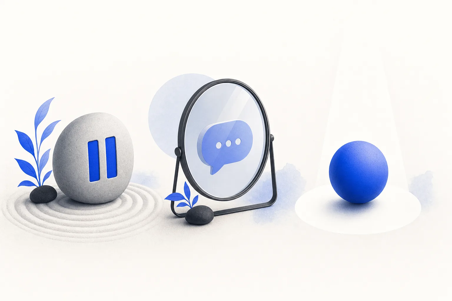 Ilustração editorial em tons de azul representando o artigo: As 3 técnicas dos top performers de vendas: pausar, espelhar, isolar