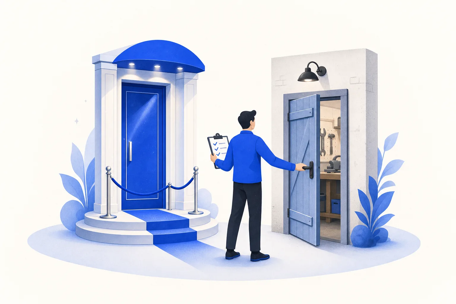 Ilustração editorial em tons de azul representando o artigo: A demo era linda, o dia a dia nem tanto: como testar IA antes de assinar