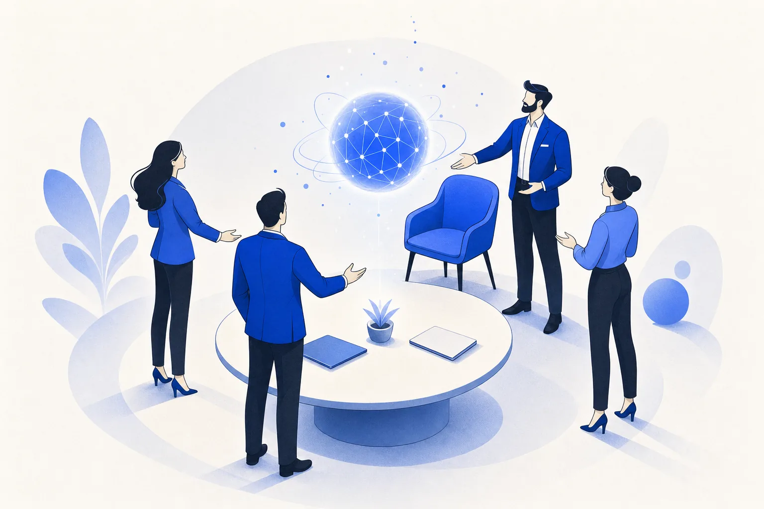 Ilustração editorial em tons de azul representando o artigo: Como fazer o time comercial abraçar o agente (em vez de sabotar)