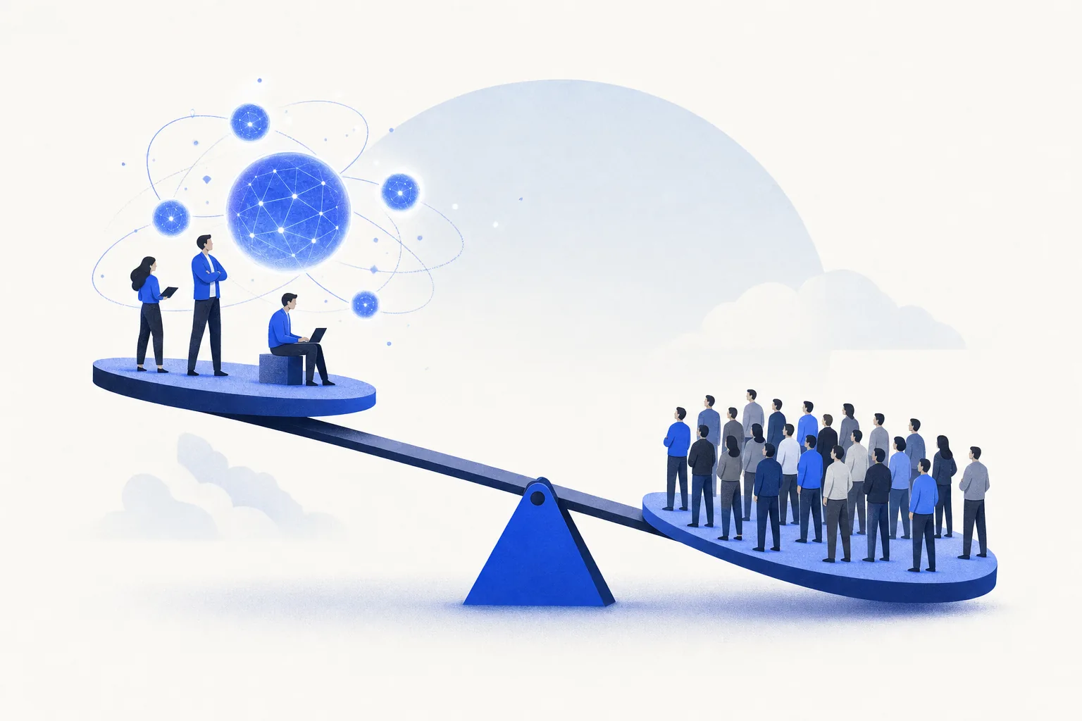Ilustração editorial em tons de azul representando o artigo: Por que o time pequeno com agentes ganha do time grande sem agentes